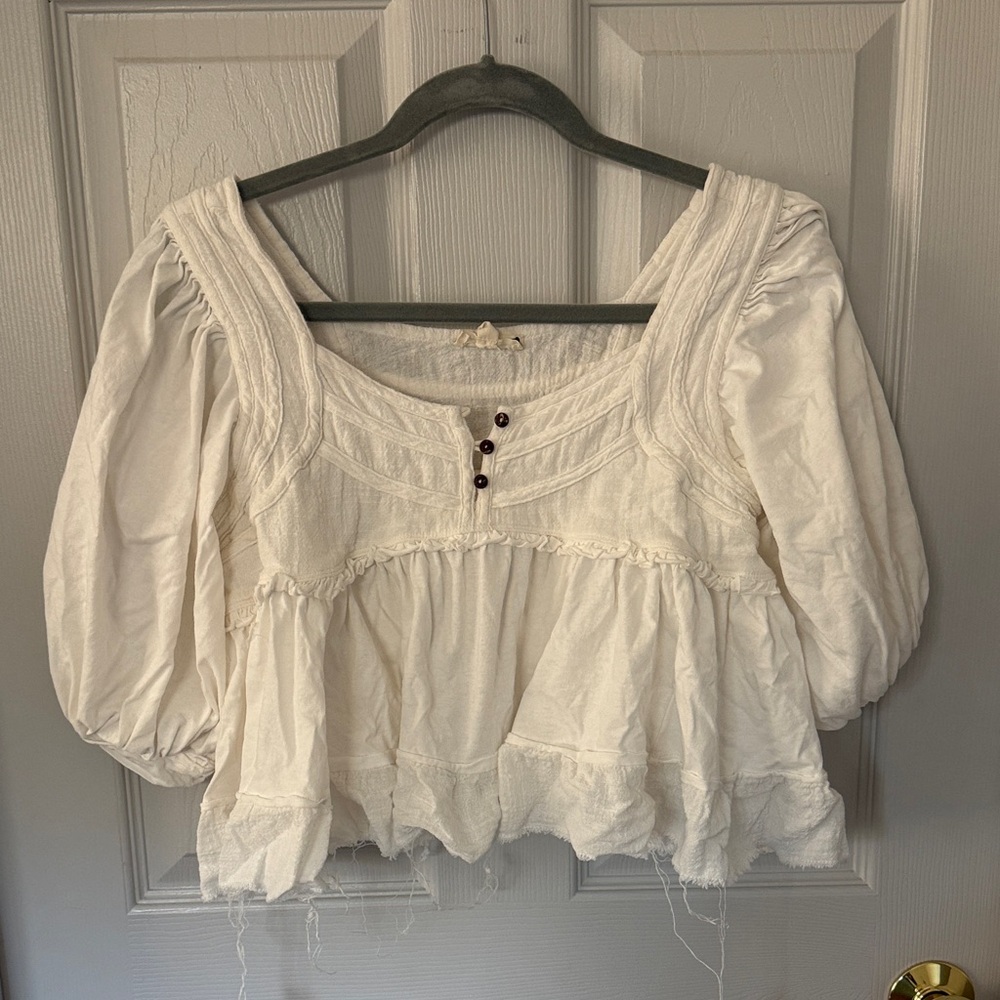 100% cotton cropped White Peasant Blouse with bell/puffed sleeves